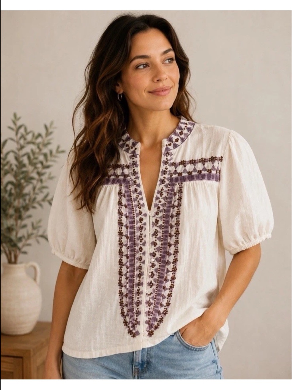 Anthropologie Forever That Girl Embroidered Peasant Blouse Womens 6 Ivory Boho